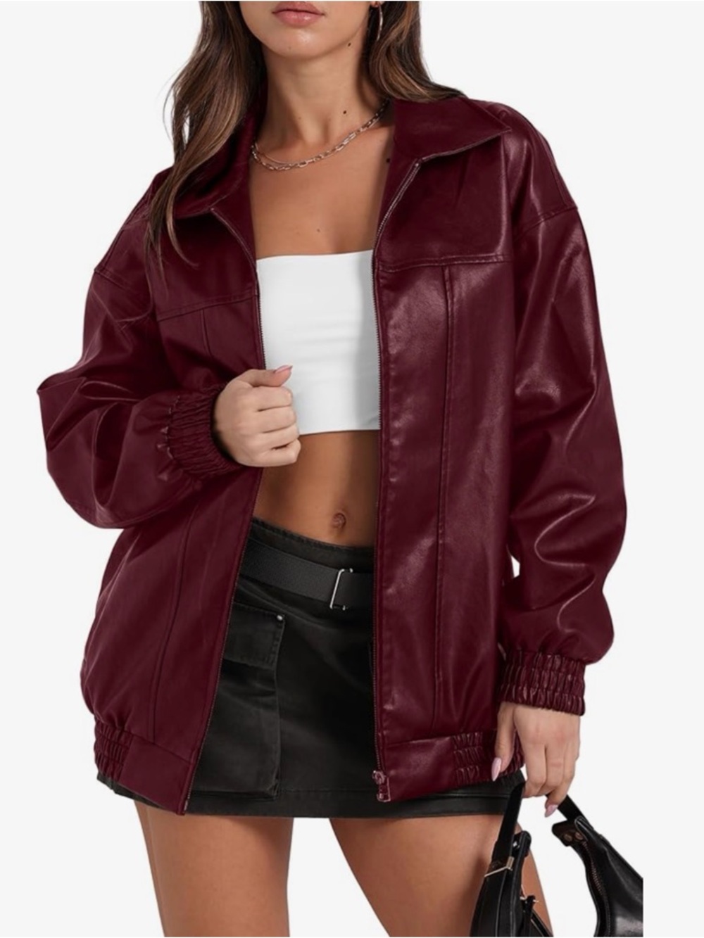 Womens Faux Leather Bomber Jacket - Burgundy